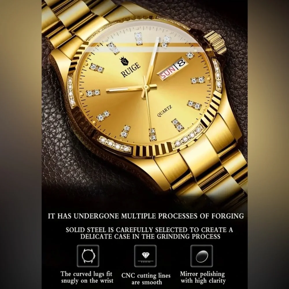NIB Gold Ruige Stainless Steel Quartz Watch with Crystal Accents